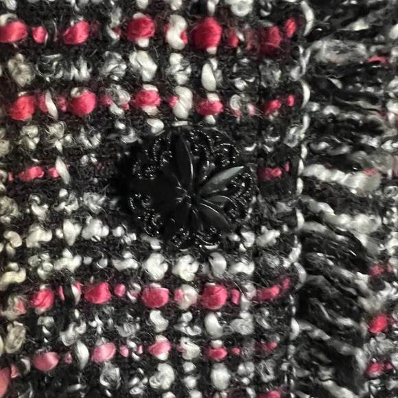 Chico"s Black Pink Plaid Tweed Fringe Blazer Size XL - Picture 5 of 9